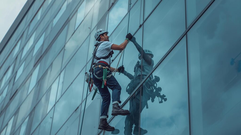 Profissional de limpeza terceirizada realizando limpeza de fachada em altura – Cordy Facilities