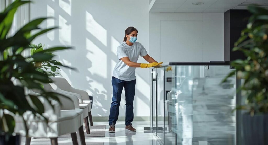 Profissional de limpeza terceirizada realizando higienização em ambiente corporativo – Cordy Facilities