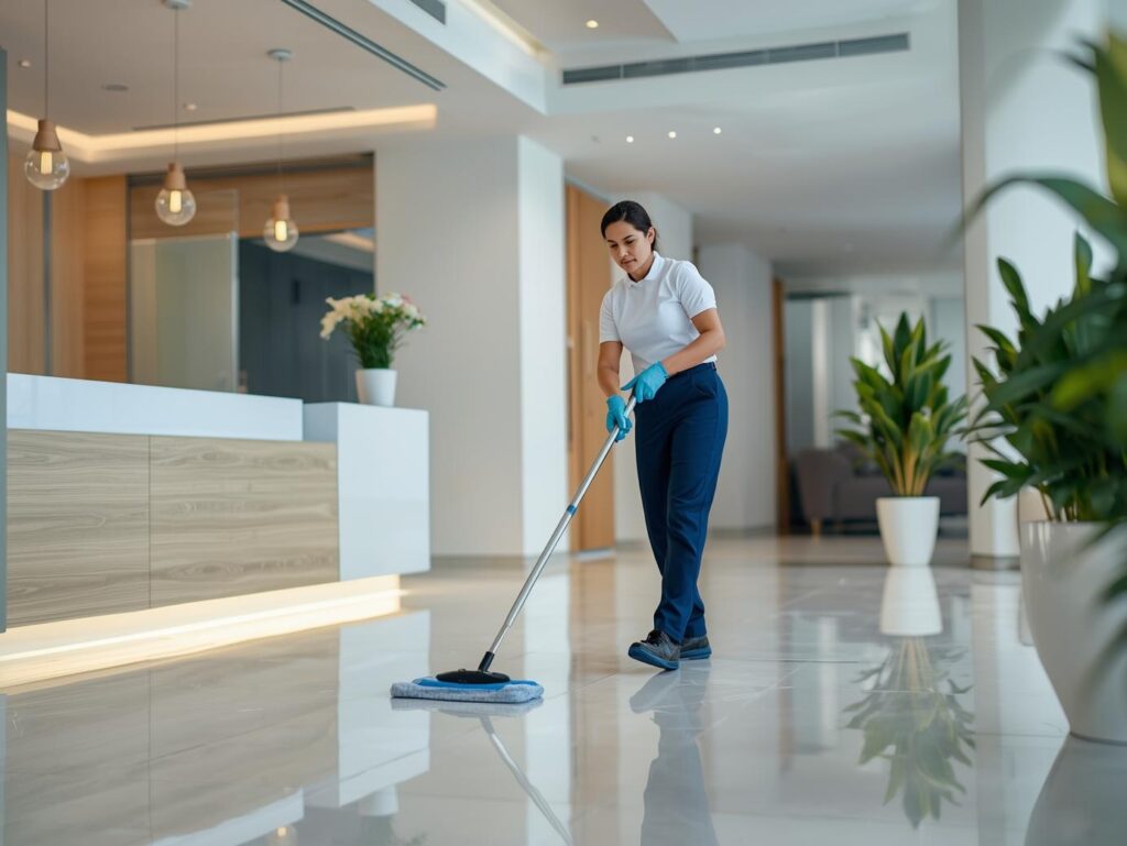 Profissional de limpeza terceirizada realizando higienização de piso em área corporativa – Cordy Facilities